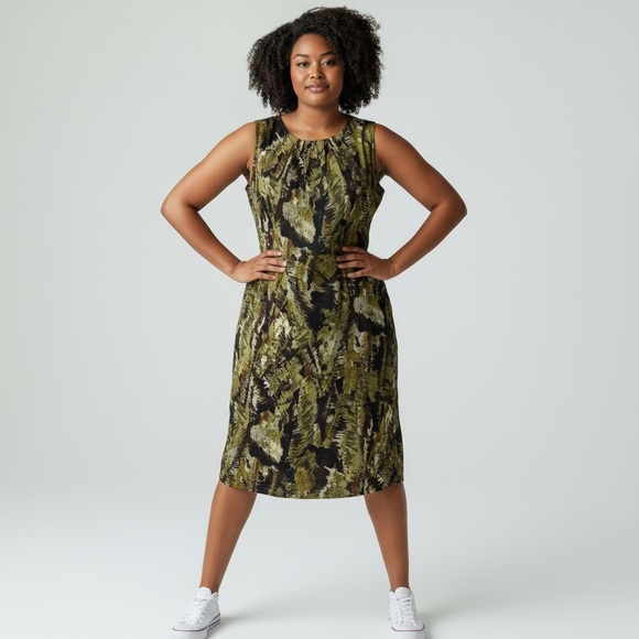 👛 (ANY 2/$30) DRESSBARN Sleeveless Tailored Camouflage Print Dress - Picture 3 of 9
